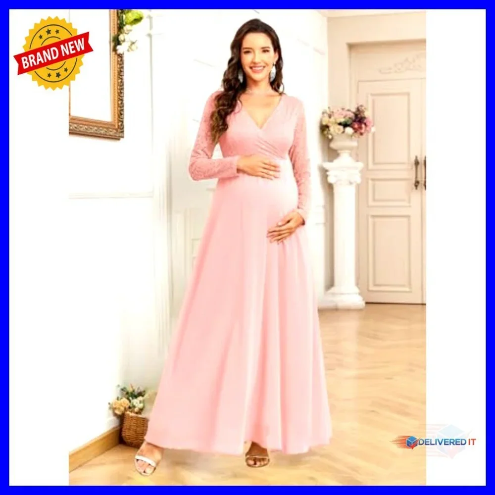 Maternity A-Line Wrap Dress with Lace Sleeves and Chiffon Skirt